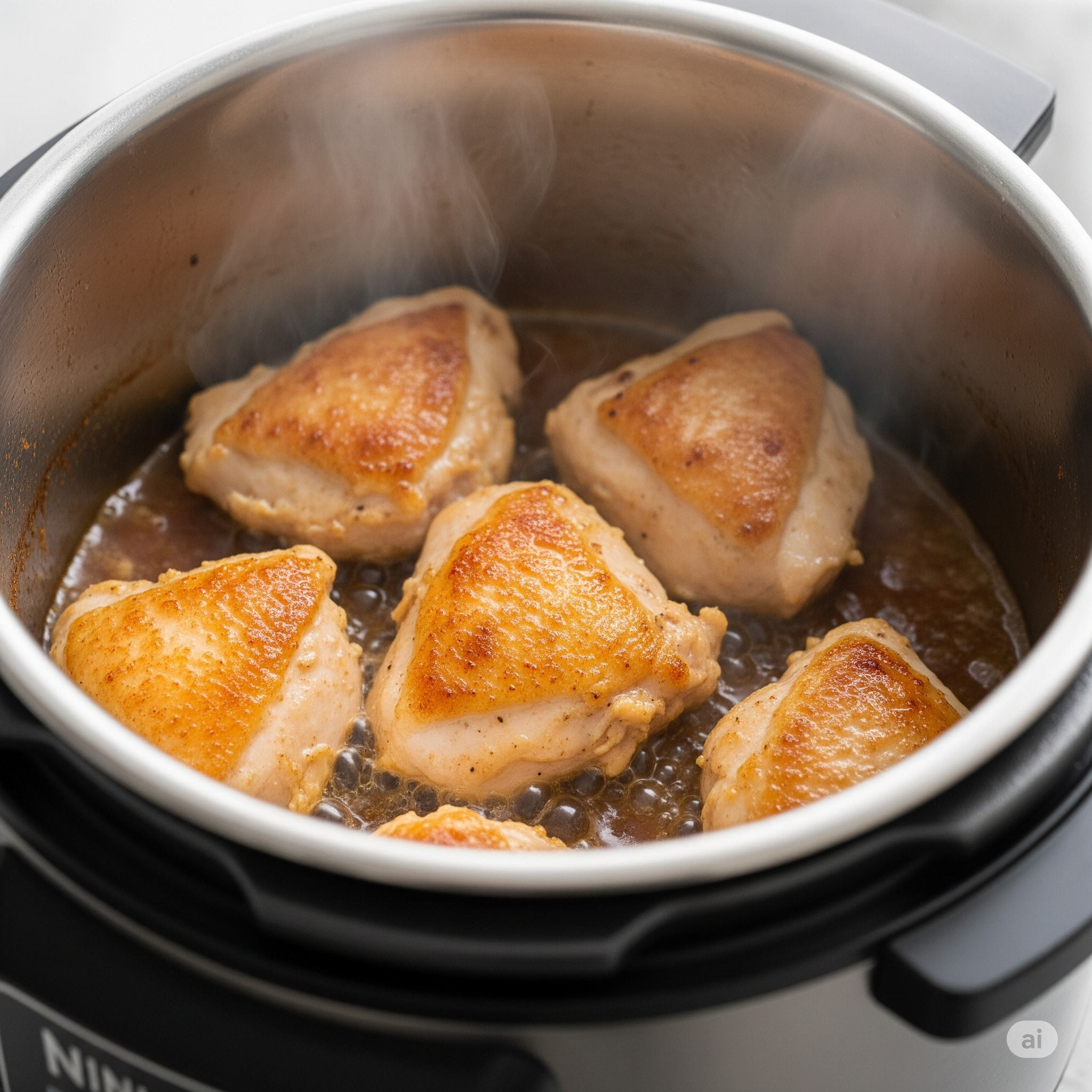 Morceaux de poulet en train de dorer en mode Sauté dans le Ninja Foodi.